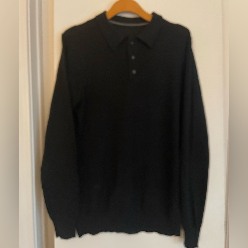 Lightweight Black Polo Knit Top Long Sleeve All Season Sweater large